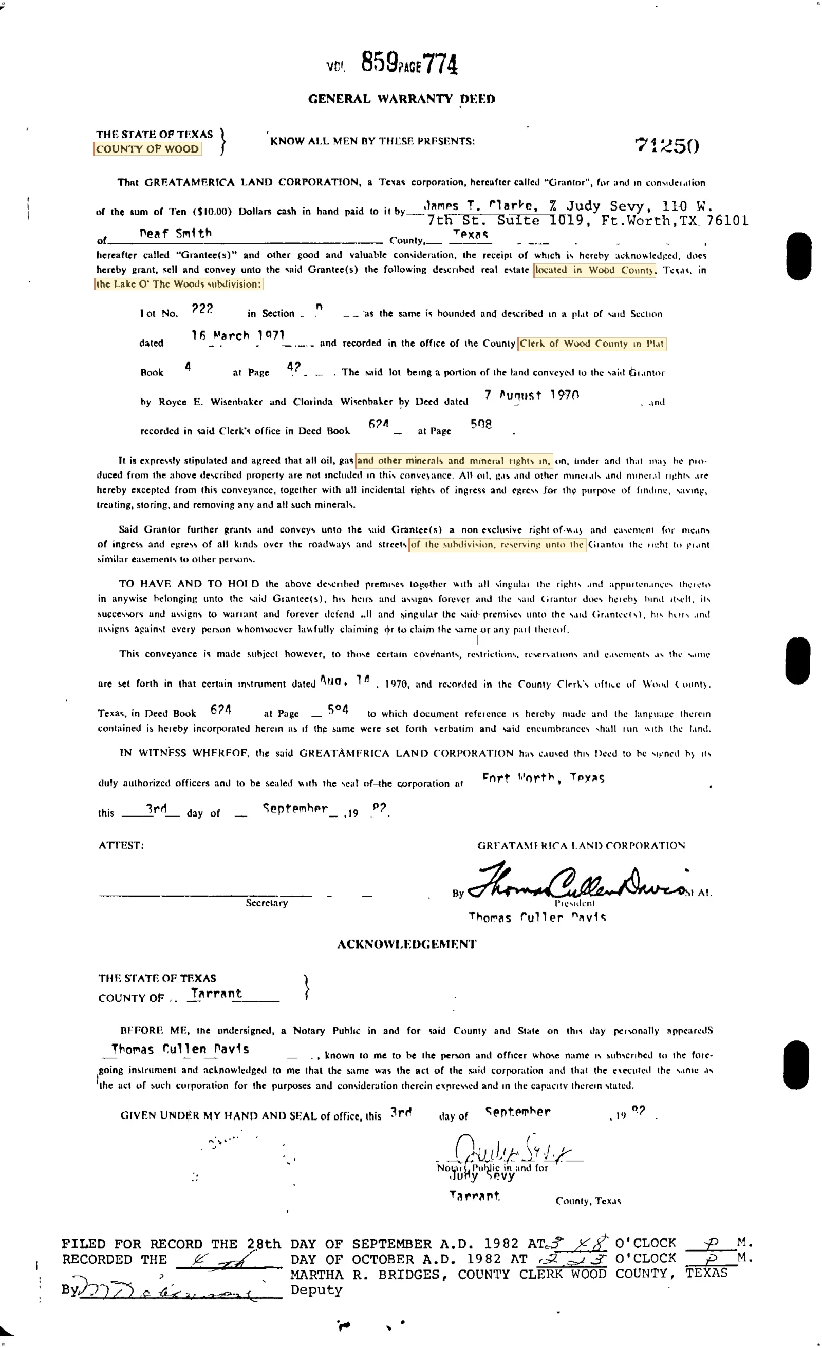 GreatAmerica Land Corp. - Recorded Warranty Deed (Vol. 859, Page 774)