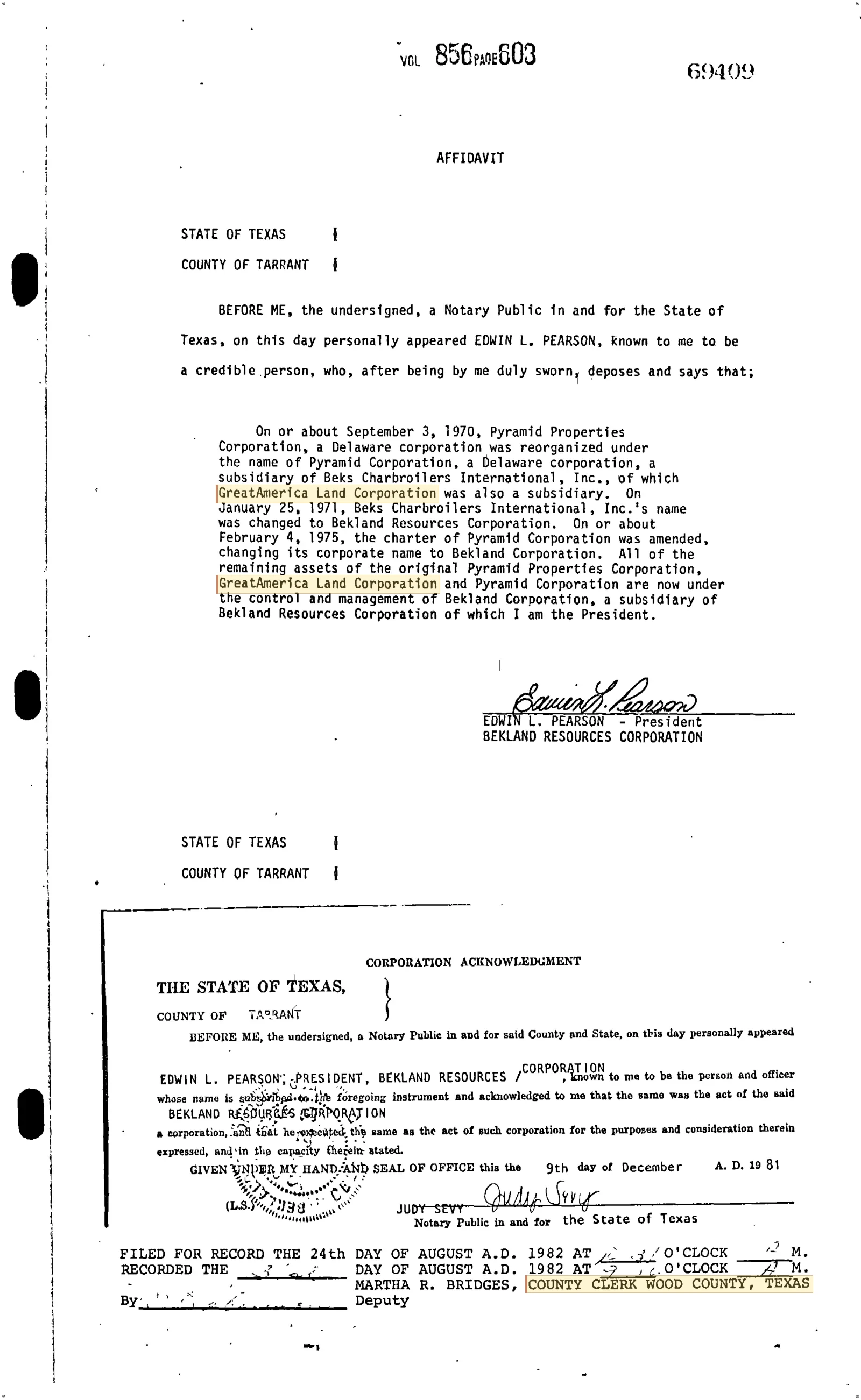 GreatAmerica Land Corp. - Recorded Affidavit (Vol. 856, Page 603)